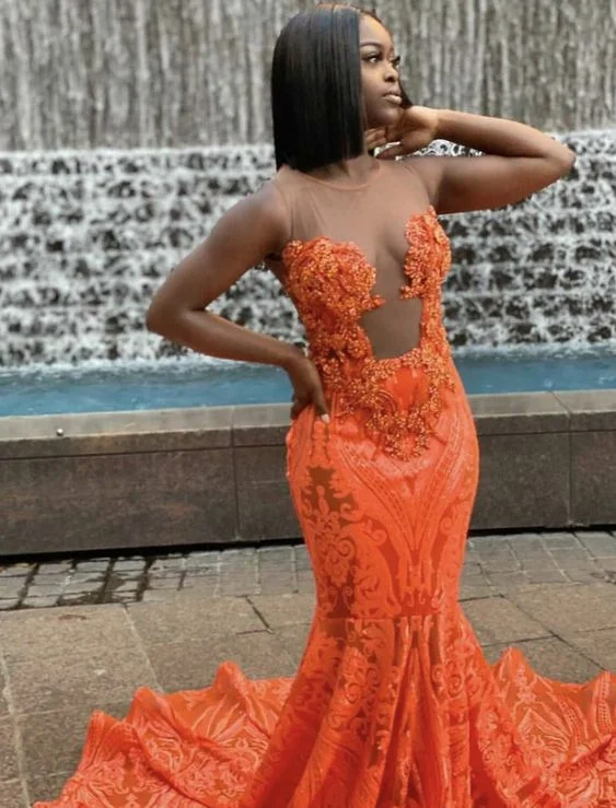 formal dressOrange Sequins Mermaid Prom Dresses Black Girl African Girl Prom Gowns Evening Formal Dresses Y1380