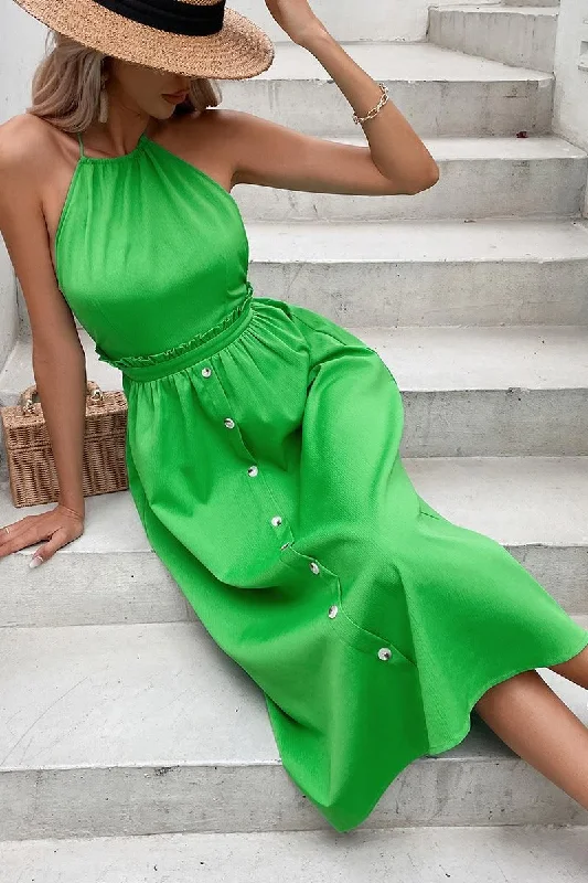 Deal Frenzy puff sleeve dressLACE WAIST BUTTON POINT GLOSSY HALTER DRESS
