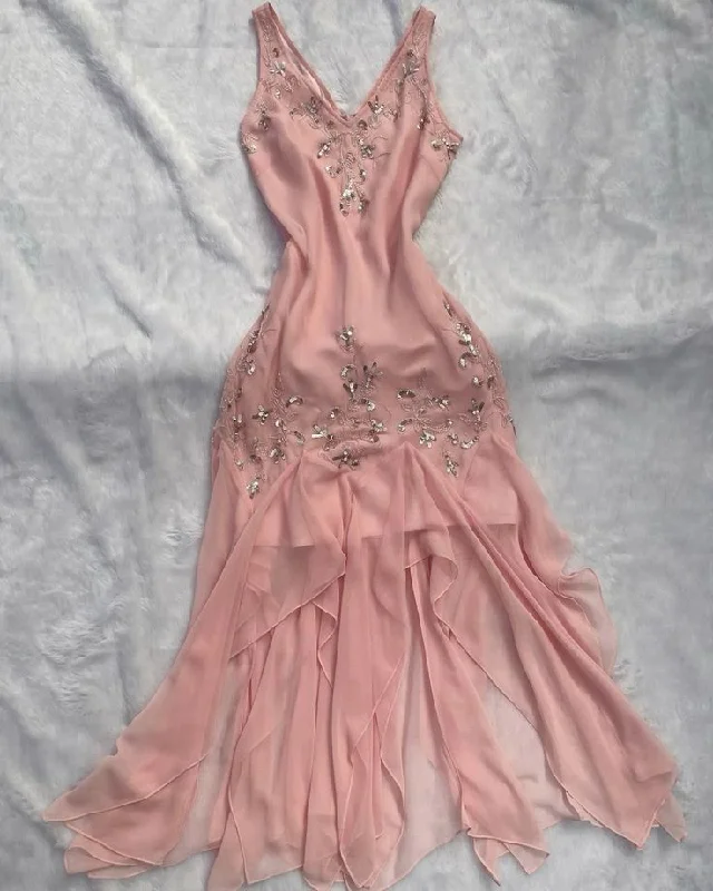 Clearance Items floral midi dressLight Pink V Neck Beading Ruffles Vintage Party Dress, DP2514