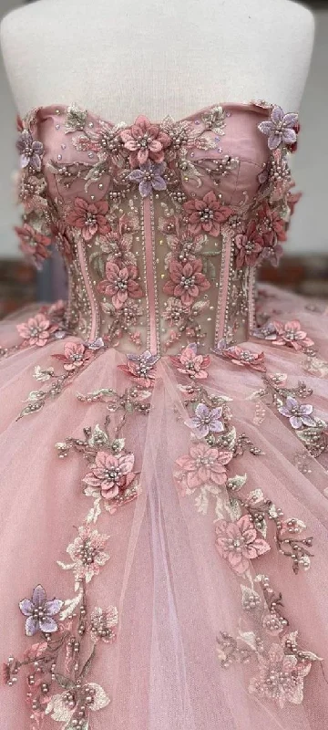 statement dressPink Glitter 3D Flowers Beaded Ball Dress Beautiful Pink Princess Dresses  Y1132