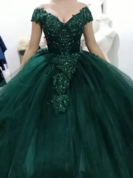 boho dressGreen Quinceanera Dresses Off The Shoulder Tulle Ball Gown Y297