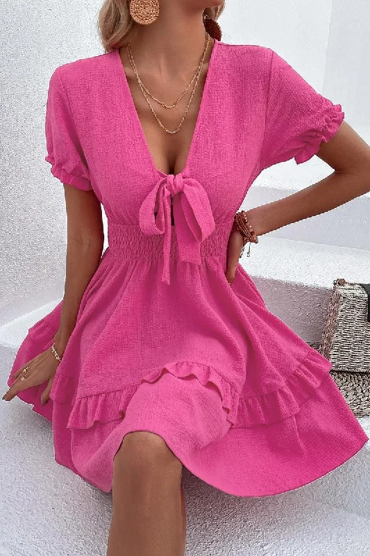 Overstock Sale one-shoulder dressPUFF LACE RUFFLED TIED CHEST MINI DRESS