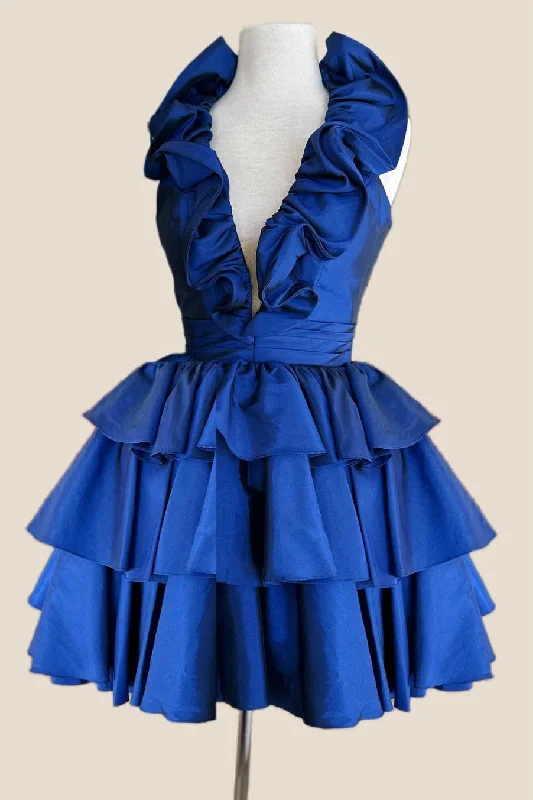 off-shoulder dressHalter Royal Blue Ruffle Tiered Short Dress