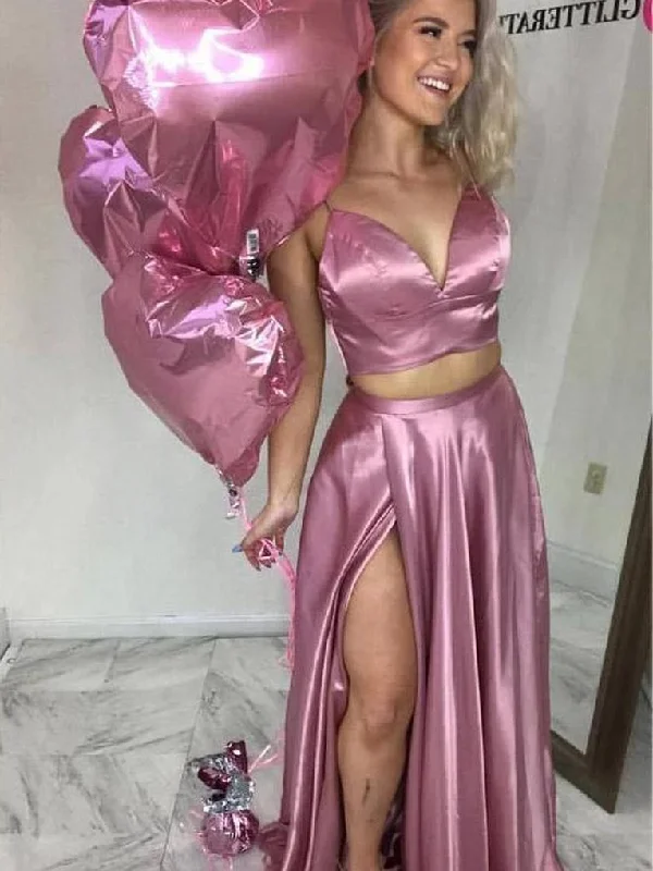 Stock Up and Save Knotting Spaghetti Straps Long Pink Prom Dress with Slit AN612