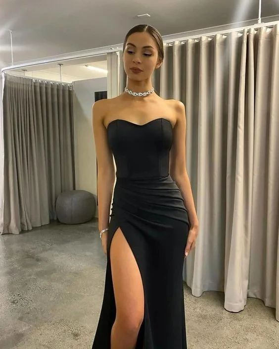 luxury dressGlamorous Mermaid Sweetheart Black Satin Long Prom Dresses Sexy Evening Party Dresses with Side Slit Y1013