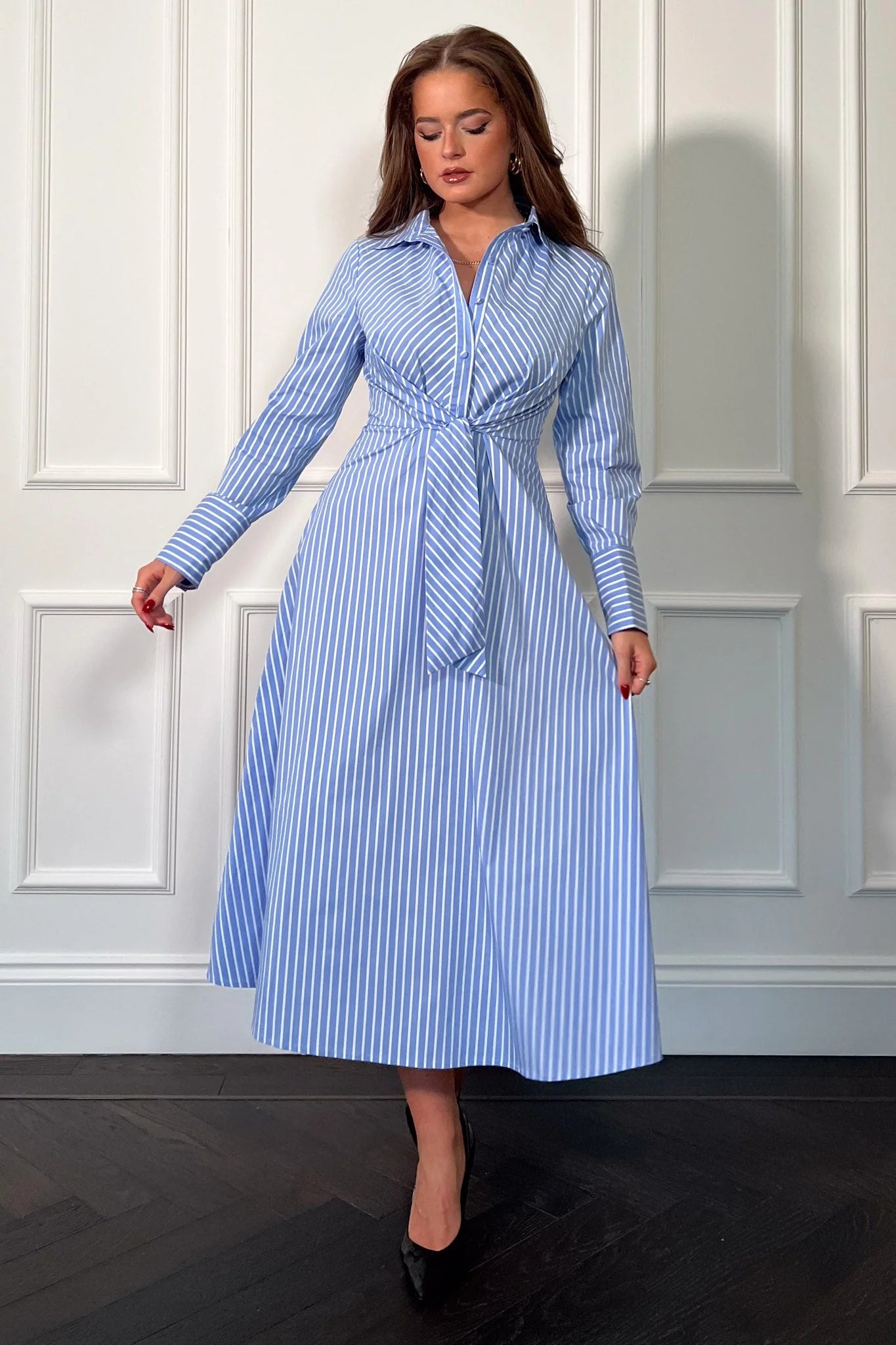 One-DAY Sale tiered dressLil Blue Pin Stripe Tie Front Shirt Dress