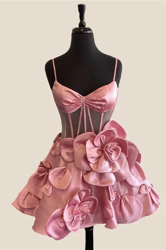 boho-chic dressStraps Pink Flowers A-line Short Princess Dress