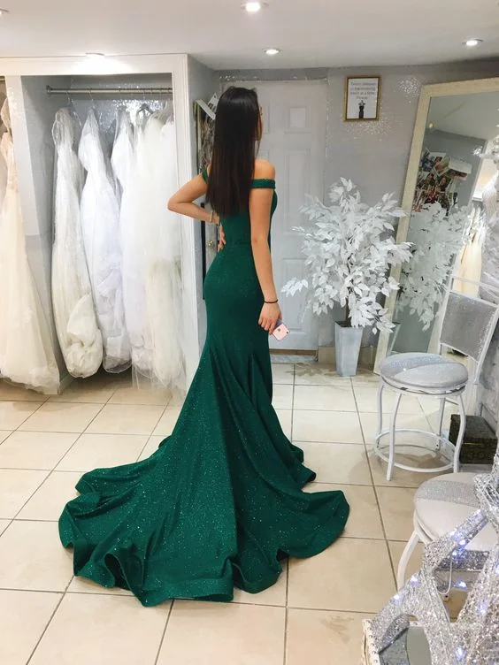 casual day dressGreen Mermaid Off-the-Shoulder Sweep Brush Chapel Train Sequins Prom Dress Y1354