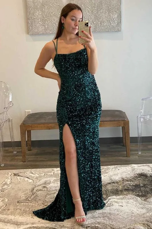 comfy maxi dressSpaghetti Straps Emerald Green Mermaid Long Prom Dresses, Emerald Green Mermaid Long Formal Graduation Dresses With Split Y849