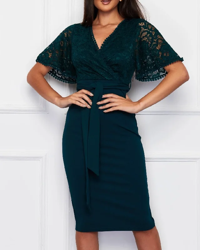 Price Fest floral dressLynsey Emerald Green Lace Belted Midi Dress