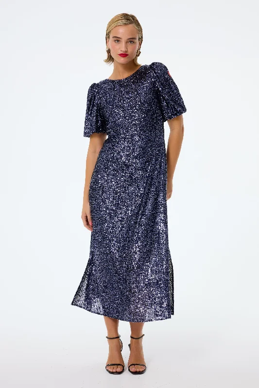 Amazing Deals casual summer dressNavy Sequin Puff Sleeve Midi Dress