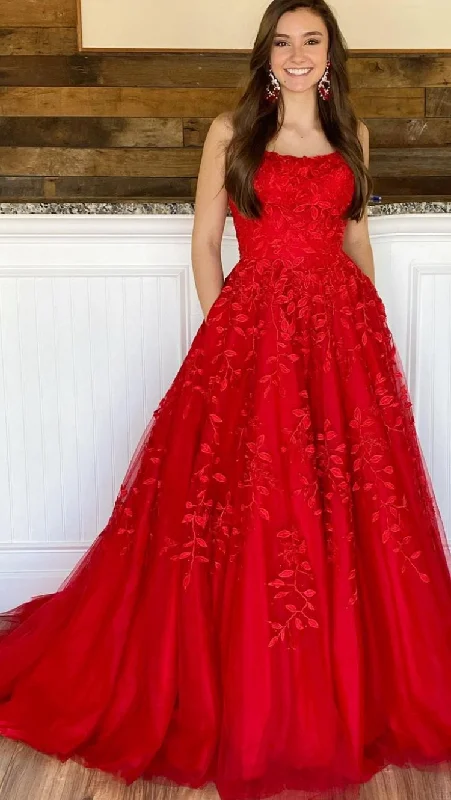 wool dressRed prom dresses spaghetti straps lace applique a line cheap prom gowns Y805