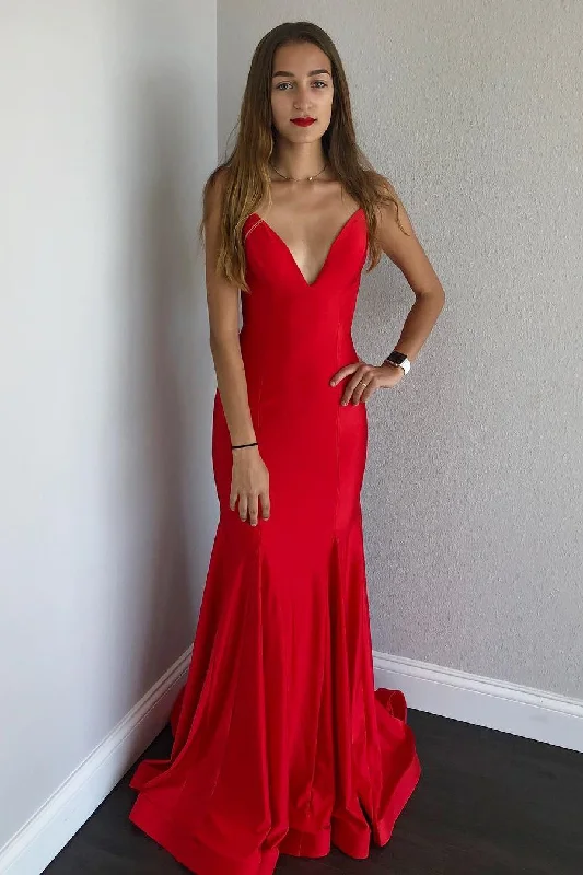 Season Finale Sale Sexy Spaghetti Straps Mermaid Satin Long Red Prom Dress with Open Back NA634