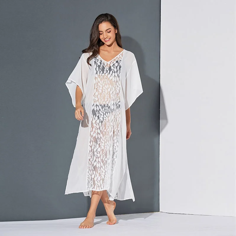 Instant Discount off-the-shoulder dressKittenAlarm - Women Lace Sheer Hollow Short Sleeve Side slit Long Maxi Sun Dress