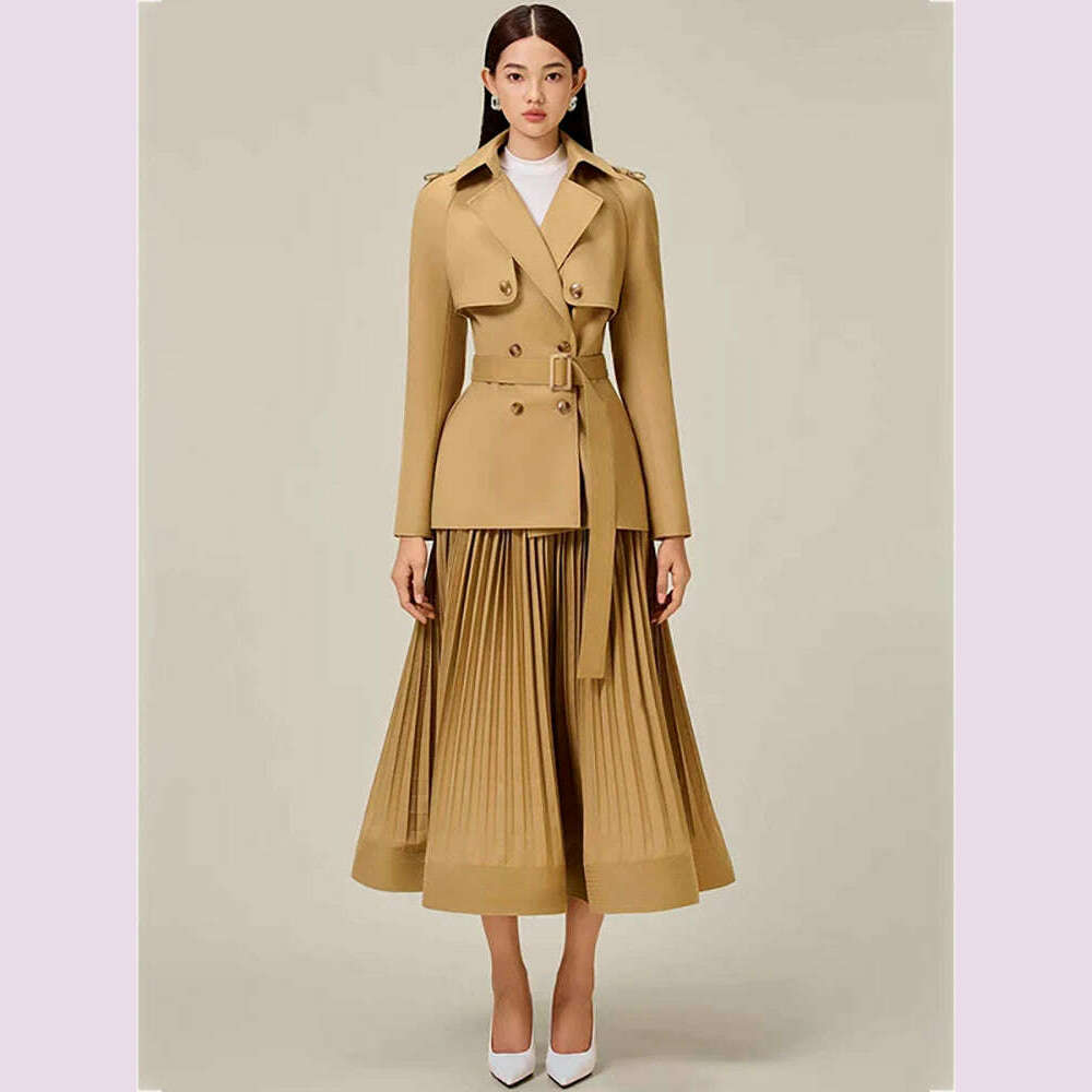 everyday winter coatDEAT Women 2 Pcs Set Notched Collar Long Sleeve Double Breasted Belt Coat Folds Skirt Office Lady Suit Autumn 2024 New 13DB4515