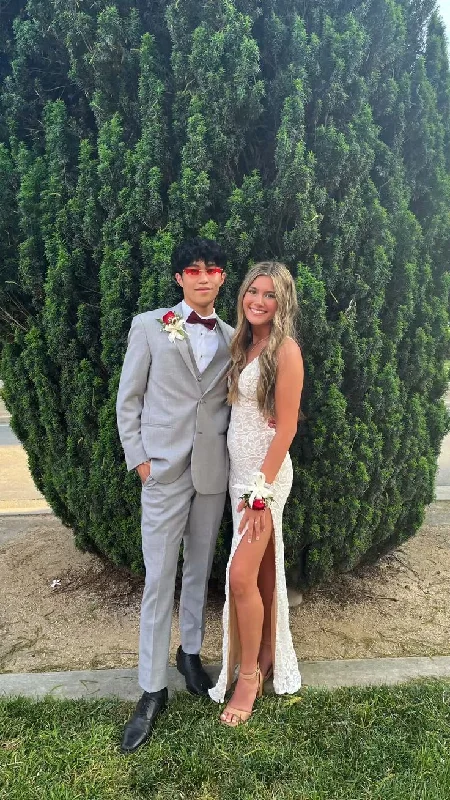 Quick Sale floral midi dressWhite V Neck Straps Elegant Mermaid Long Prom dress, DP2619