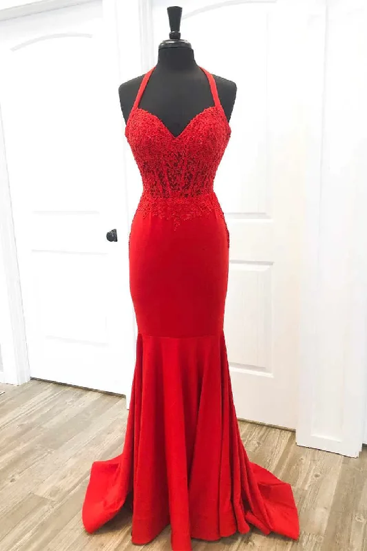 casual shift dressElegant Red Halter Mermaid Prom Dress with Appliques Y925