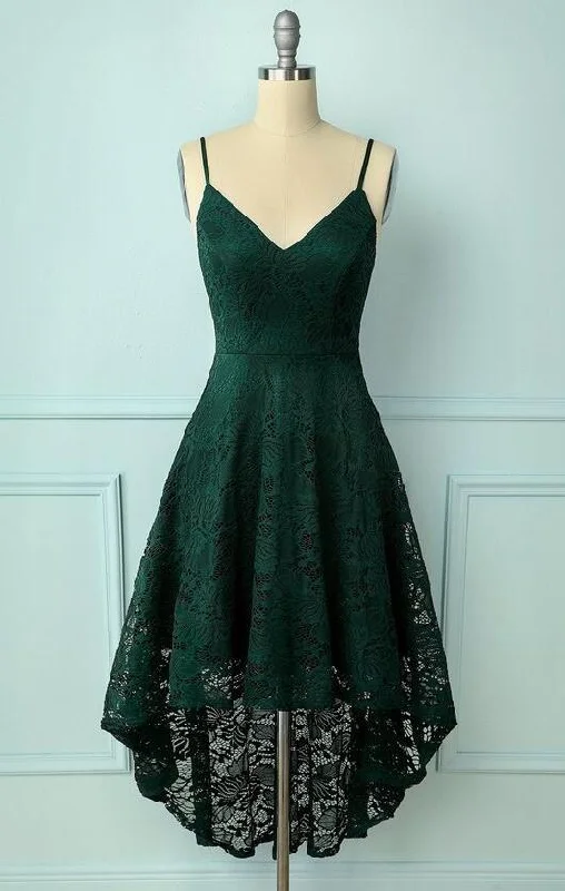 elegant dressHigh low Dark Green Spaghetti Straps Lace Short Prom Dress A-line Dark Green Graduation Dress Y669