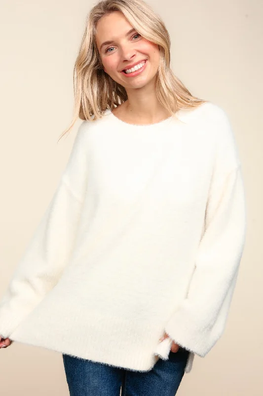 casual trench coatIVORY FUZZY SOFT BRUSHED HAIRY SWEATER KNIT TOP