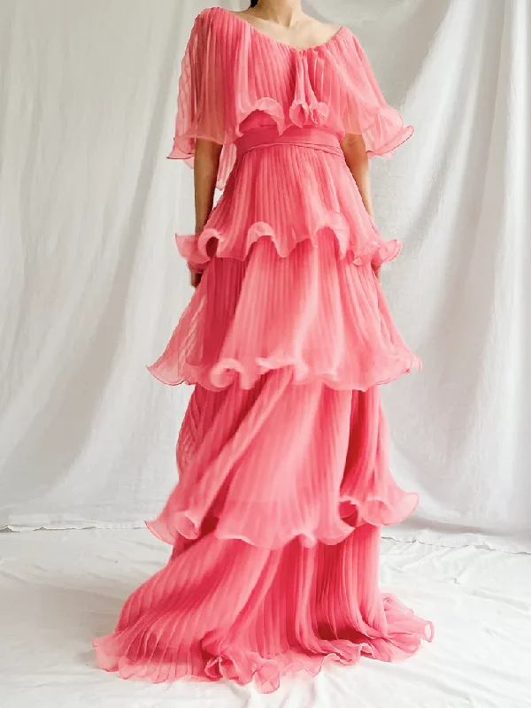 Special Offer wrap dressWatermelon Red Chiffon A-Line Tiered Elegant Long Party Dress, DP2539