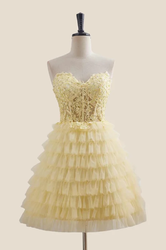 casual day dressStrapless Yellow Appliques Tiered Short Dress