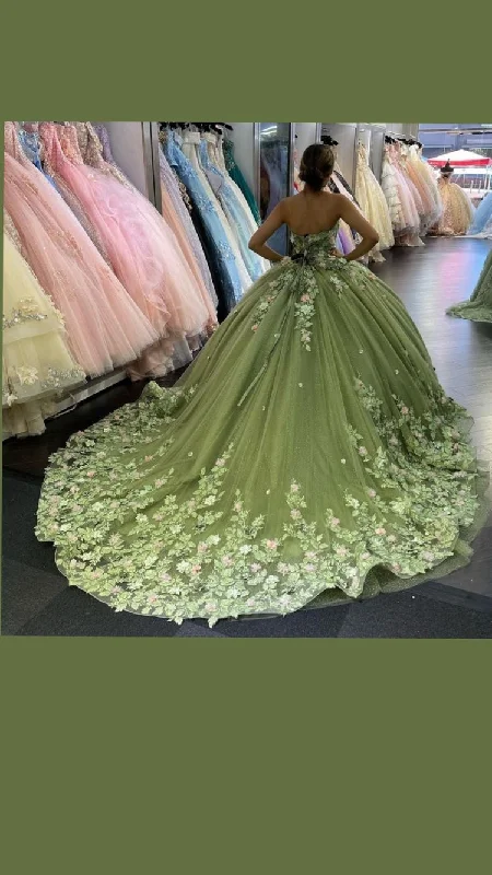 elegant dressGreen Quinceanera Dresses Princess Ball Gown Appliques 3D Flowers Party Sweet 15 Y121