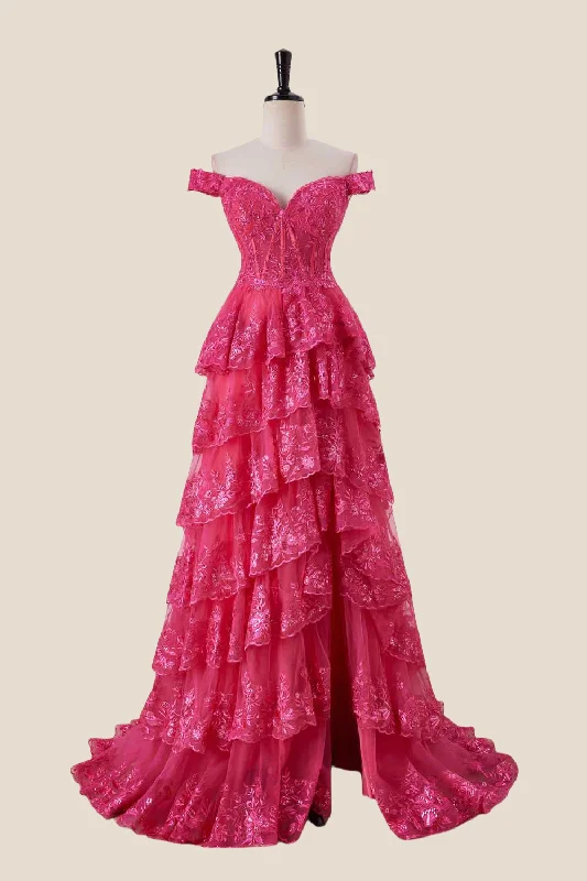 sleeveless dressOff the Shoulder Hot Pink Appliques Ruffles Long Dress