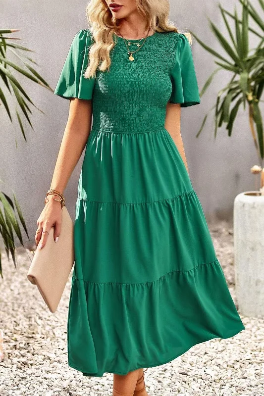 Overstock party dressSHORT BELL SLEEVE CREW NECK SWING DRESS