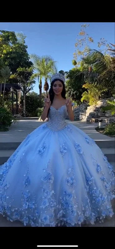 modern dressBlue Quinceanera Dresses Sweet 16 Dress 3D Flower Lace Applique Corset Back Y587