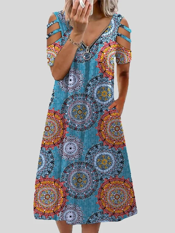 New Markdowns mini dressV-neck Printed Zipper Short-sleeved Dress