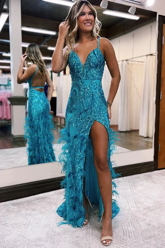 Steals and Deals ruched dressJade Sequined V Neck Feather Long Prom Dress with Slit,DP1752