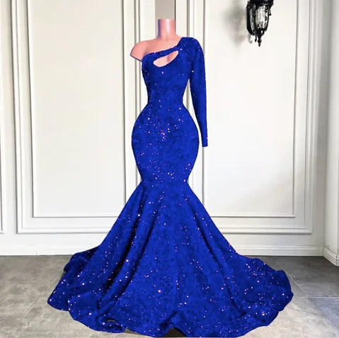 v-neck dressroyal blue sparkly prom dresses long sleeve one shoulder mermaid cheap formal party dresses Y1270