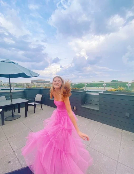 casual evening dressHot Pink Tulle Spaghetti Straps Prom Dress, Floor Length Tulle Formal Dress Y144