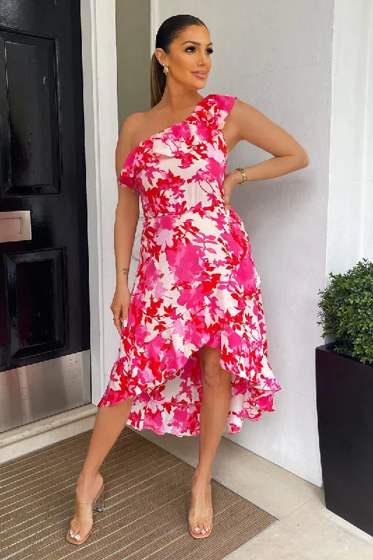 Holiday Sale sleeveless dressAnnie Pink Floral One Shoulder Dipped Hem Dress