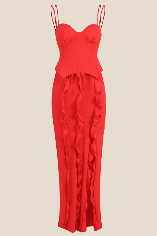 off-the-shoulder dressDouble Straps Red Ruffle Long Dress with Slit