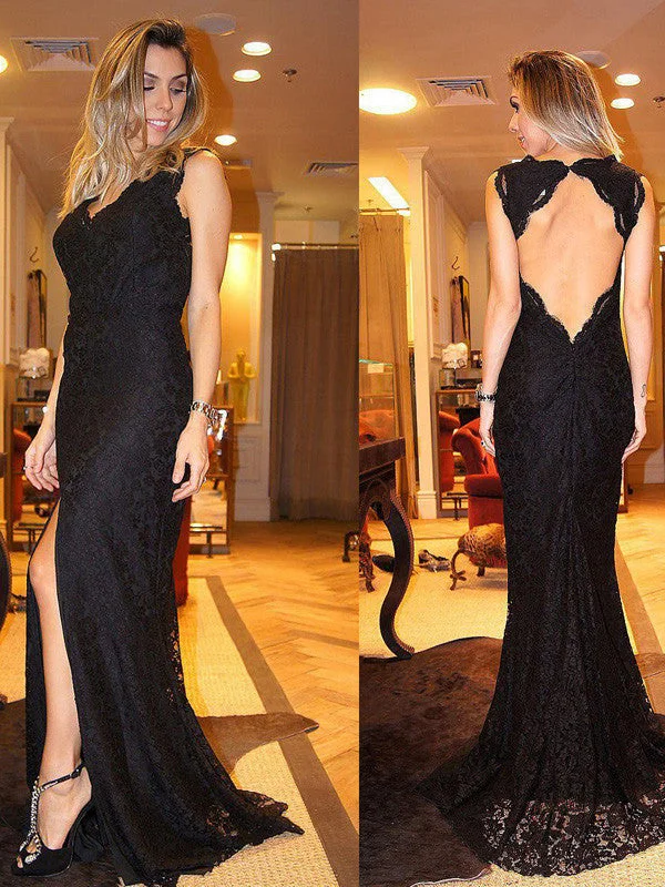 The Best Prices Black prom dresses Sheath Column V-neck Floor-length Tulle Prom Dress Evening Dress MK062