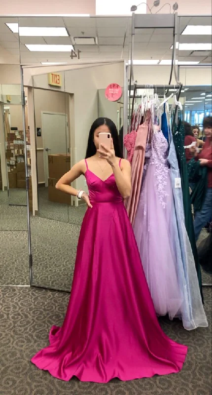 elegant evening dressA-line Spaghetti Straps Fuchsia Satin Prom Dress For Junior Teens  Y700