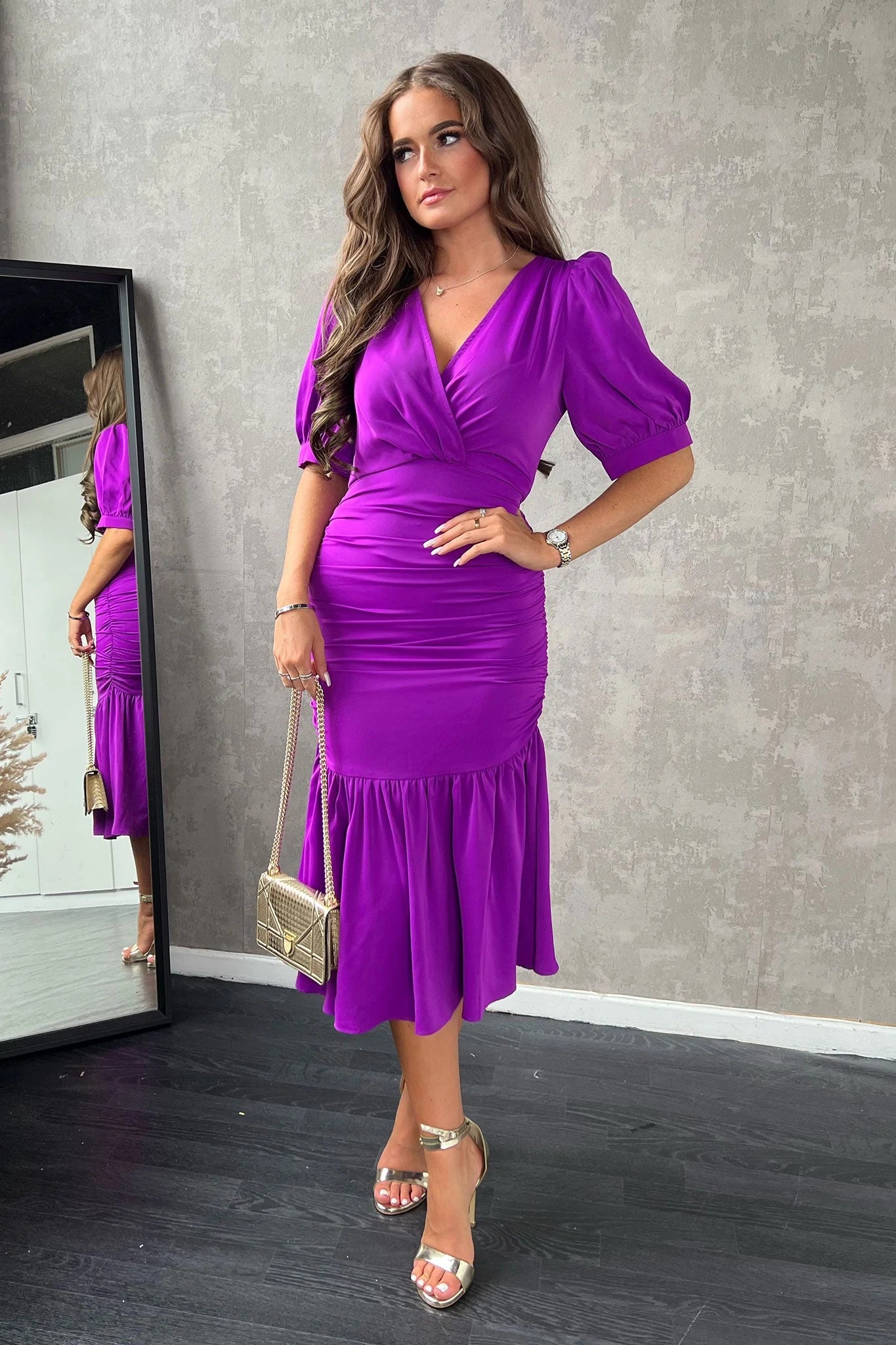 Now or Never cocktail party dressNina Orchid Puff Sleeve Ruched Midi Dress