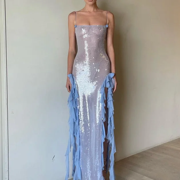 Discount Deals trendy dressKittenAlarm - Katherine See Through Sequined Ruffle Split Dress