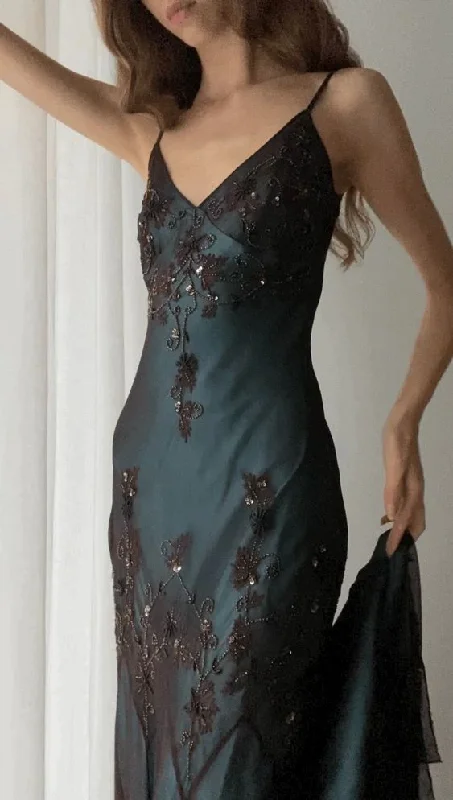 Overstock puff sleeve dressElegant Teal Spaghetti Straps Beading Vintage Prom Dress, DP2281