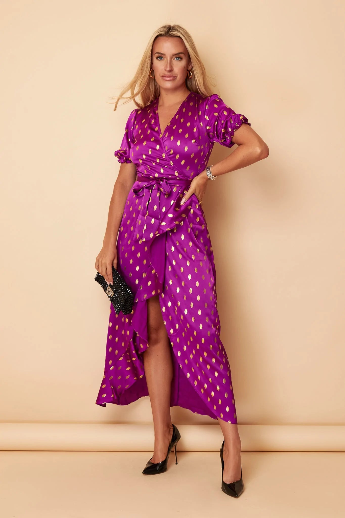 Incredible Offers chic slip dressFiona Orchid Satin with Gold Foil Frill Hem Dress