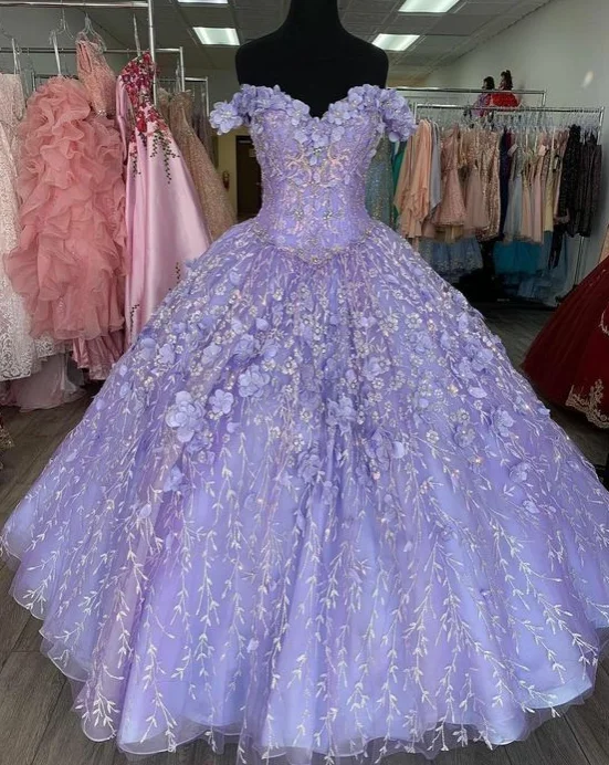 pleated maxi dressLavender Off Shoulder Ball Dresses Quinceanera Dress Sweet 16 Dresses 3D Floral Lace Appliques Y500