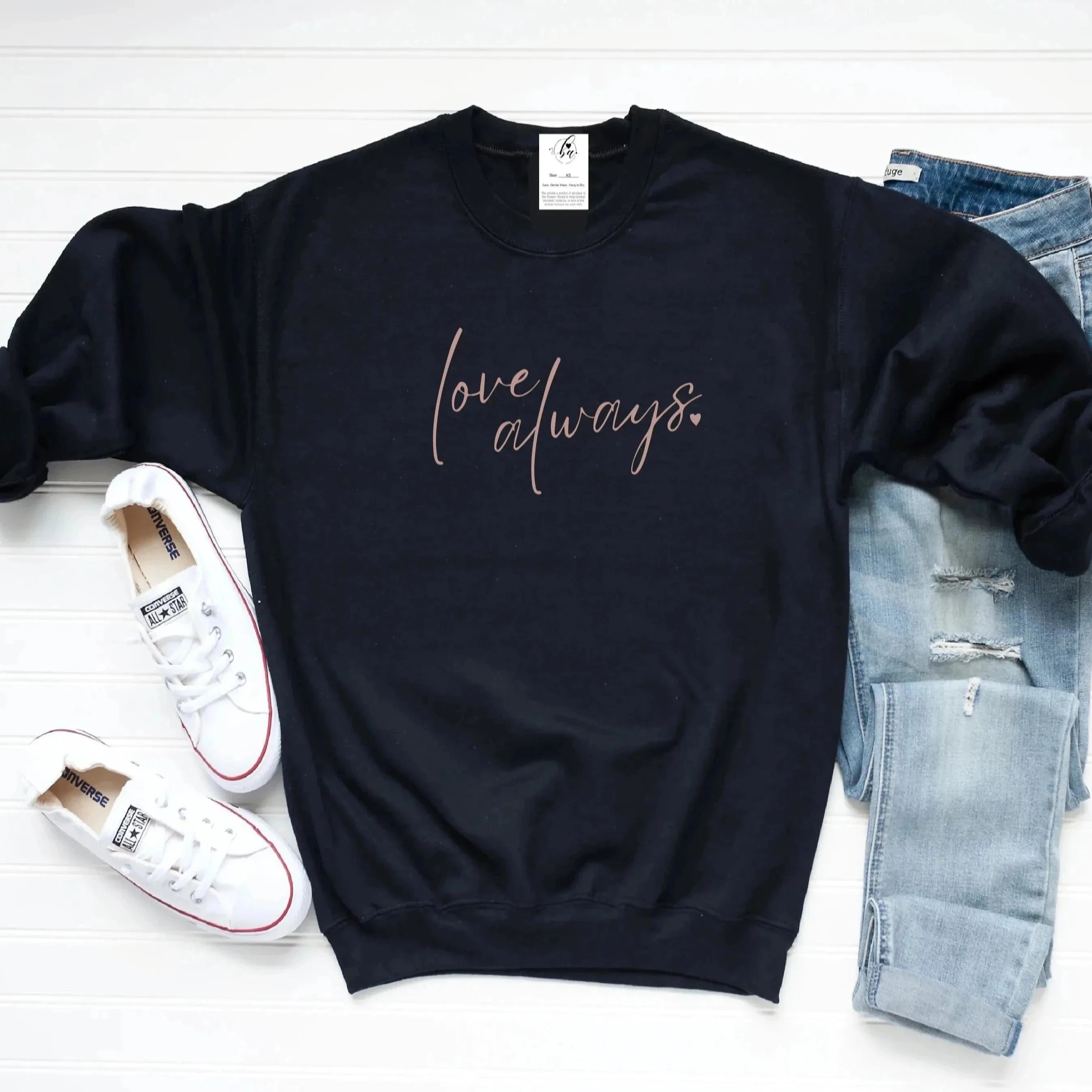 Stock Clearance high-performance athletic hoodieLove Always Rose Script Crew