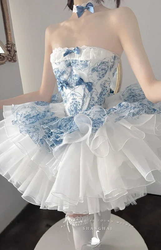 floral wrap dressPOSHEPOSE~Blue and White Porcelain~Princess Lolita JSK Dress Plush Cape