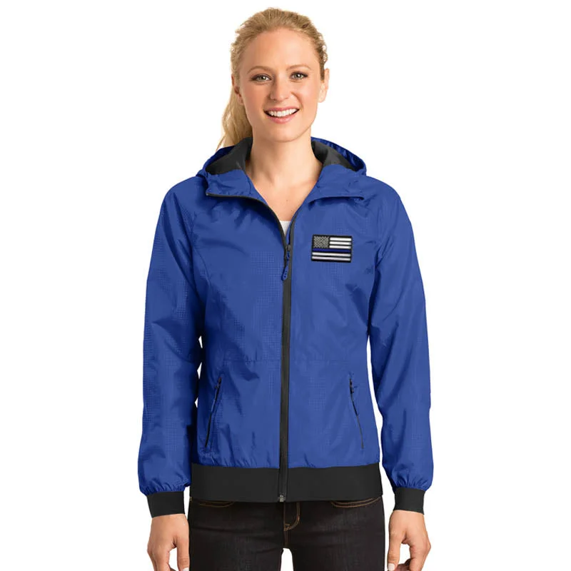 Price Fest Women's Embossed Hooded Wind Jacket, Thin Blue Line USA