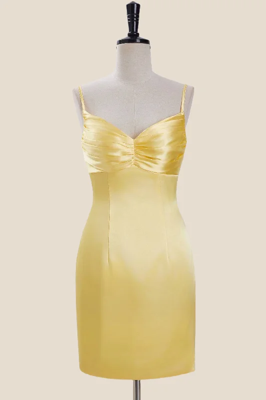 casual shift dressStraps Yellow Ruched Satin Bodycon Short Dress