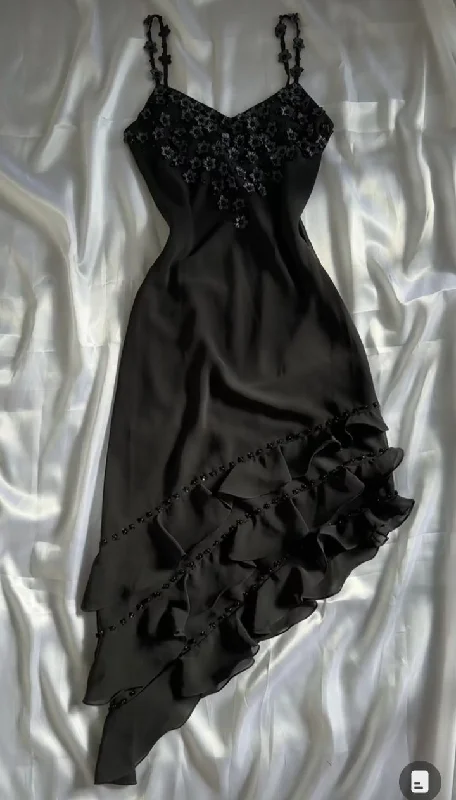 Epic Deals elegant dressBlack Vintage Spaghetti Straps Appliques Flower Formal Party Dress, DP2504
