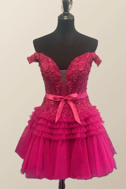 stylish party dressOff the Shoulder Fuchsia Appliques A-line Homecoming Dress