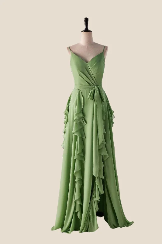 trendy bodycon dressMatcha Green Ruffles Faux Wrap Bridesmaid Dress