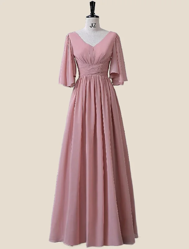 sleek midi dressFlare Sleeves Blush Pink Pleated Long Dress